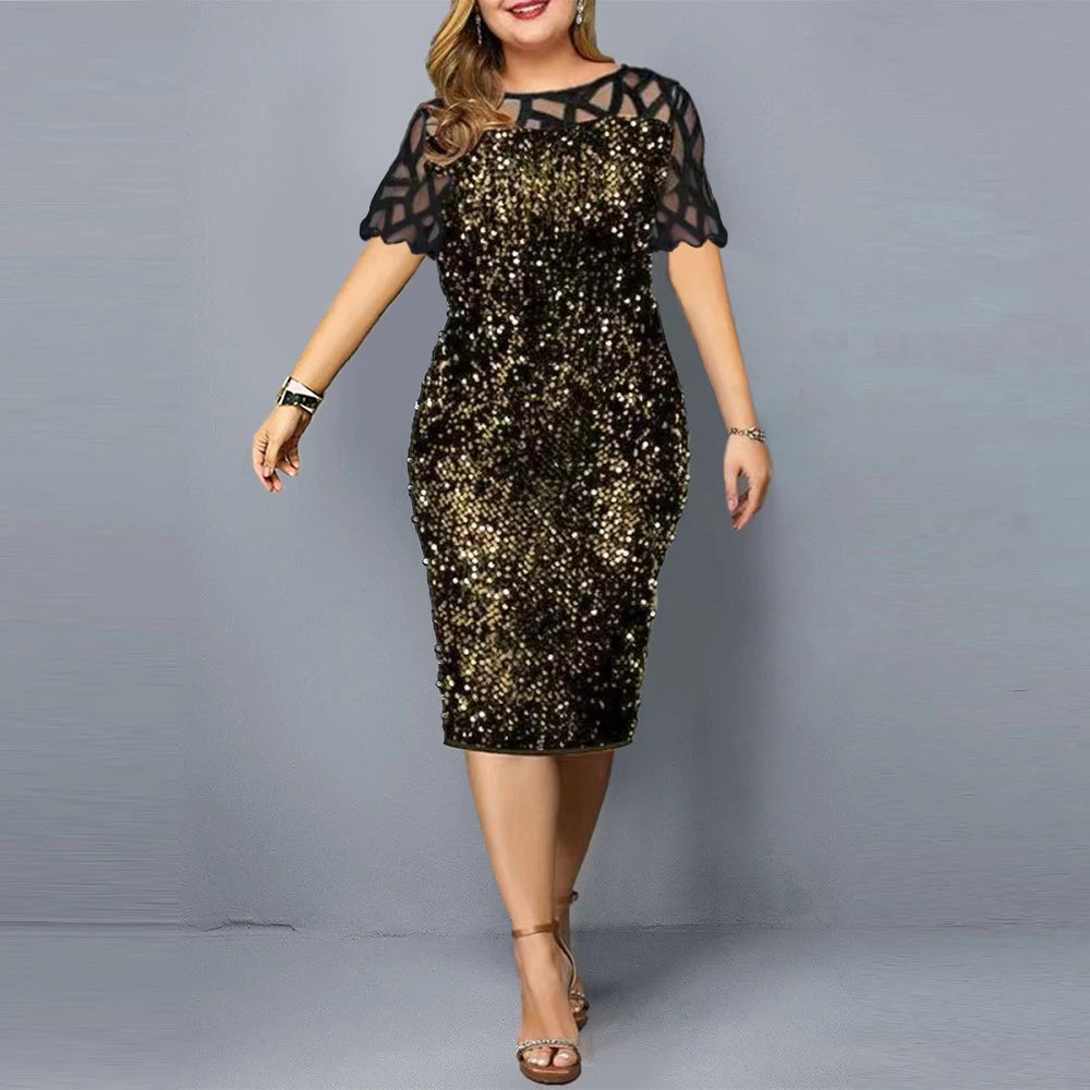 Big Size Clothing 2024 Summer Loose Short Sleeve Woman Dress Elegant Personalized Sequin Design Plus Size Dress Party Vestidos