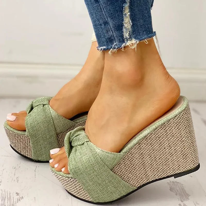 Bow Tied Slip On Leisure Platform Summer Sandals 2020 Wedges High Heels Women Shoes Woman Mules Flip Flops