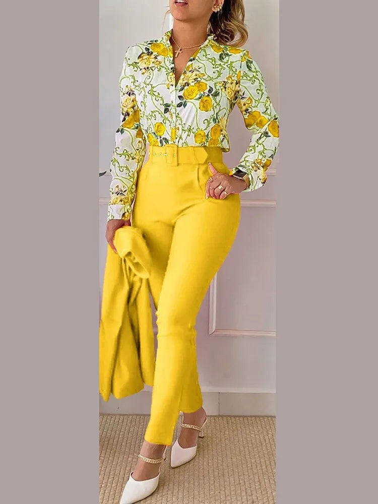 Casual Long Sleeve Shirt Pants Set Office Lady Fashion Elegant V Neck Floral Print Trousers Two Piece Set Women Outfit 2023 New