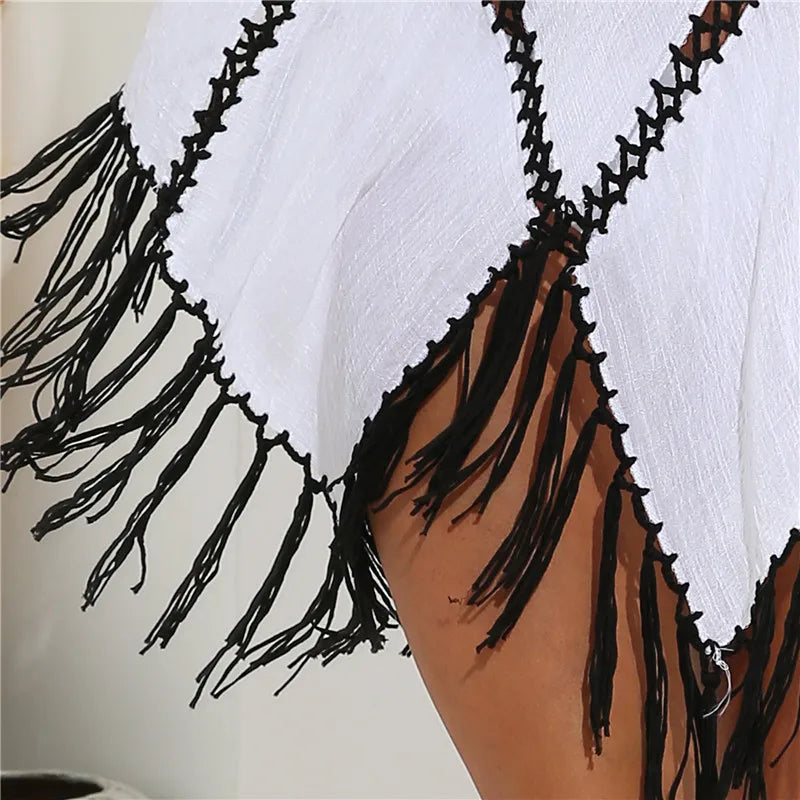 Beach Cover Ups For Women Fringe Tunic 2023 Capes Swim Cover Up White Black Tunics Woman Summer Dress Women's Swimwear Cover-ups