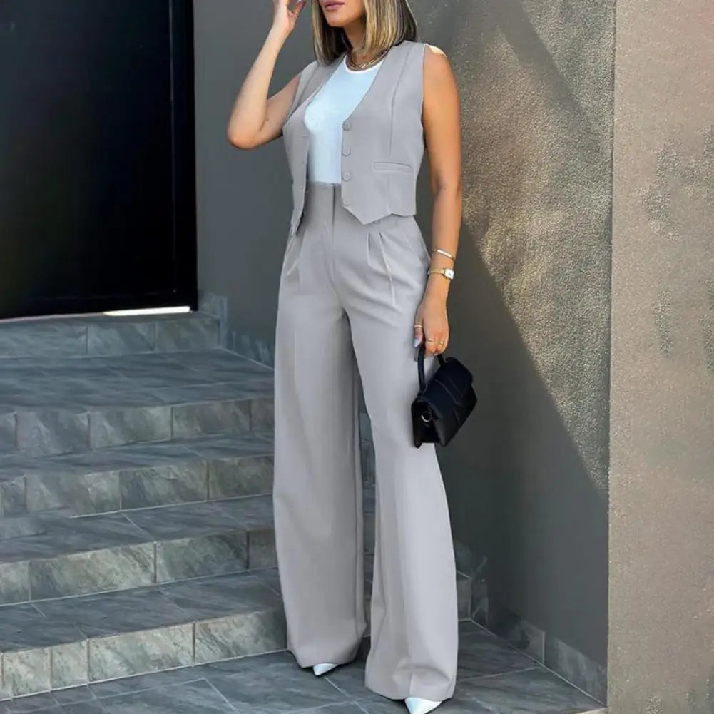 Two-piece Suit Elegant Lady Baggy Pants Set with Sleeveless Vest Solid Color High Waist Women's Wide Leg Pants Casual for A