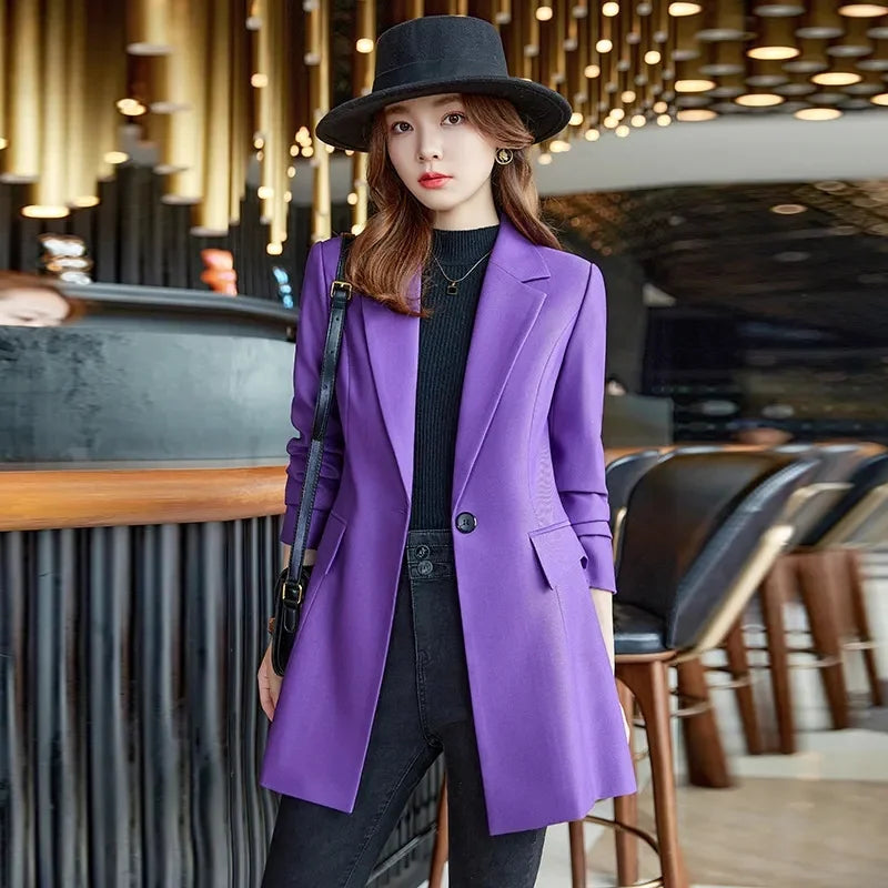 Autumn Winter Ladies Mid Long Blazer Women Single Button Black Purple Female Casual Jacket Coat Office Blazer Female Outerwear