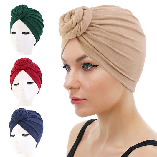 Women Turban Cotton Top Knot Flower Decor Headwrap Muslim Ladies Hair Cover Beanie Head Wear Solid Color India Hat Accessories