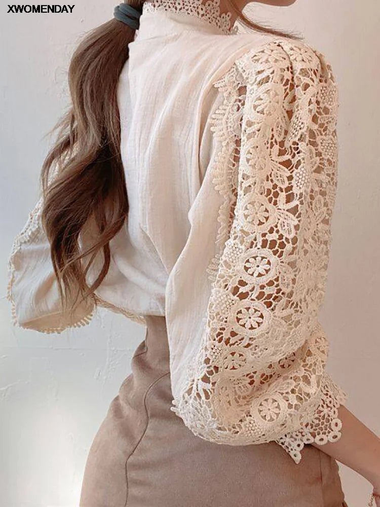 Women Chiffon Button Turtleneck Shirt Chic Elegant Floral Lace Fluffy Long Sleeve Top Fashion Hollow Oversize White Blouse 2024