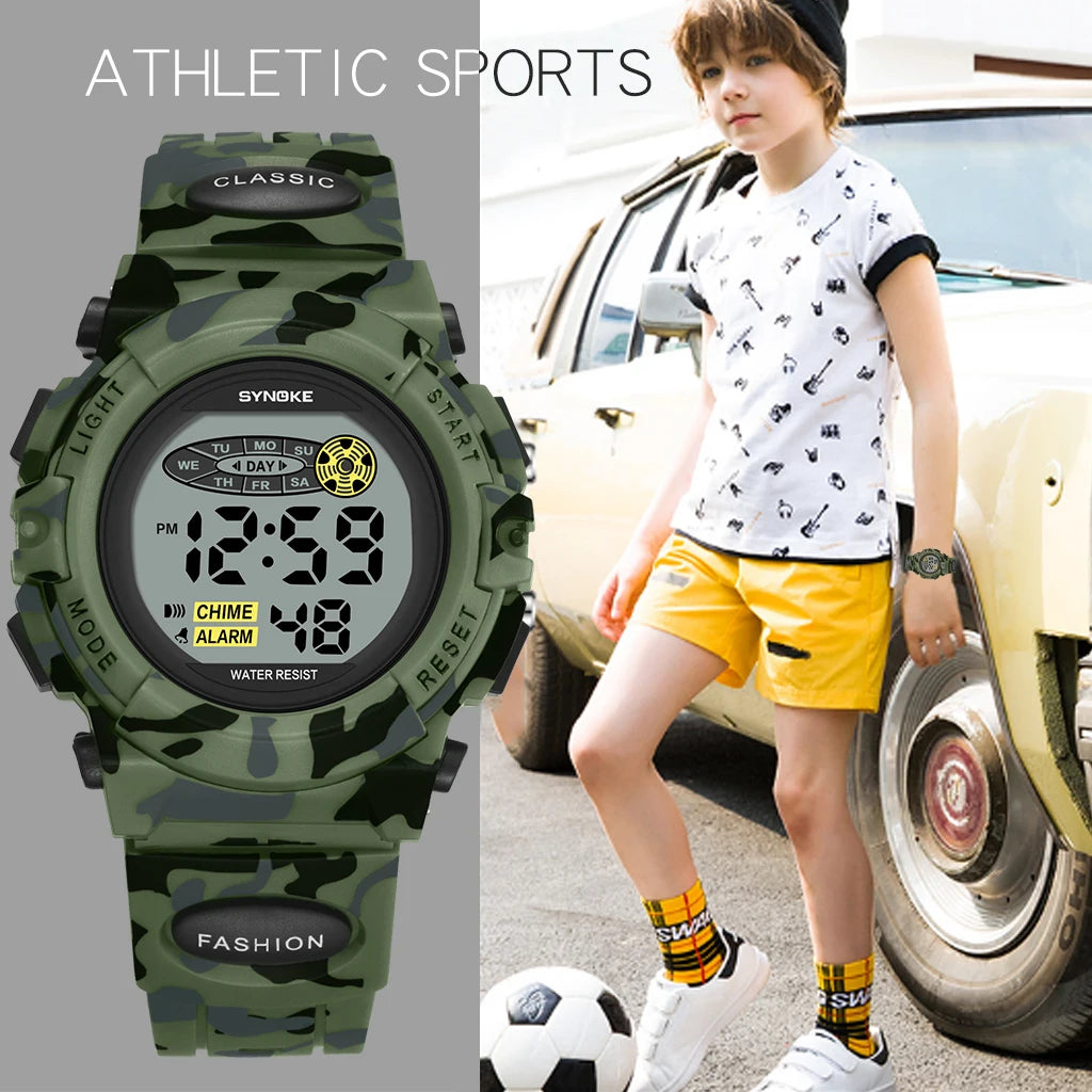 SYNOKE Student Sport Watch For Kids Colorful Electronic Watches Waterproof Clock Children Digital Watch For Boys Camouflage