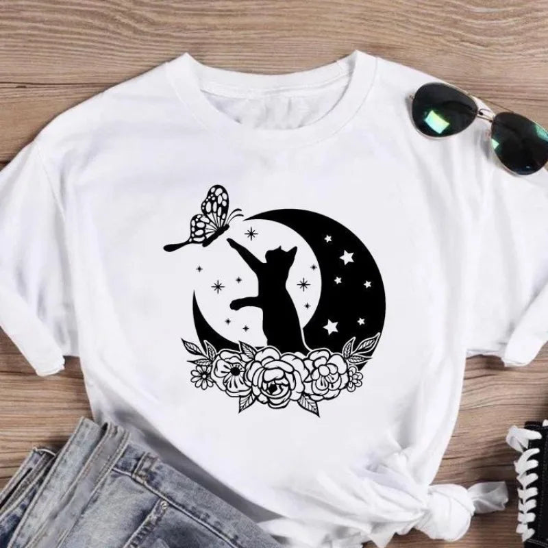 Cat Flower Ladies Printed European Dress Short Sleeve T-shirt Oversized T Shirt  Tops  Aesthetic  Women Clothing