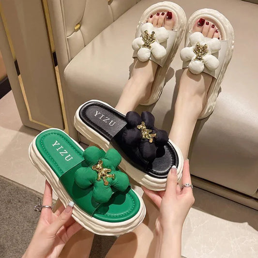 Summer Women Platform Slippers 2023 New Designer Shoes Fashion Cute Flower Bear Flat Sandals Female Platform Peep Toe Flip Flops