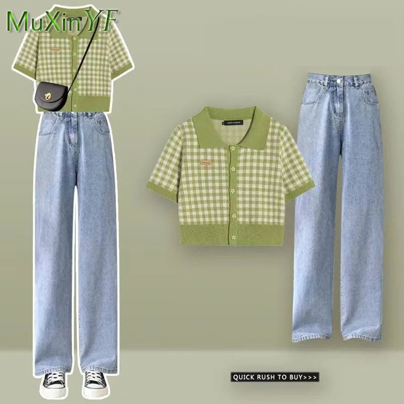 2024 Summer New Chic Short Sleeve Top+Casual Jeans Two Piece Women's Korean Elegant Blouse And Pants Matching Set Female Clothes