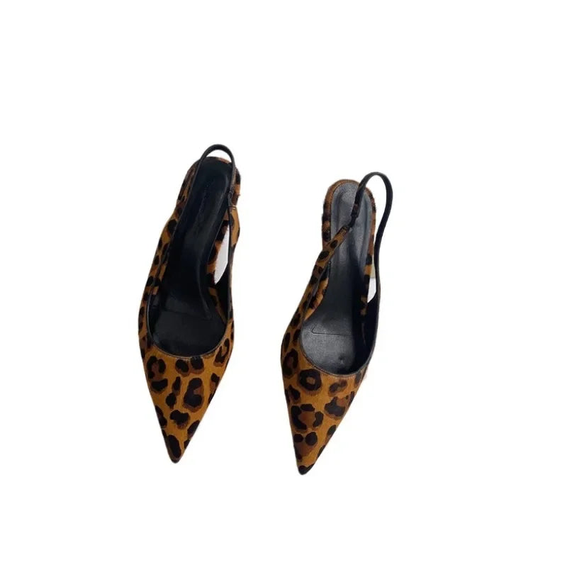 Women's Flat Bottom Slingback Sandals  2024 Leopard Pointed End Woman Mules Summer Fashion Animal Print Low-heel Beach Shoes