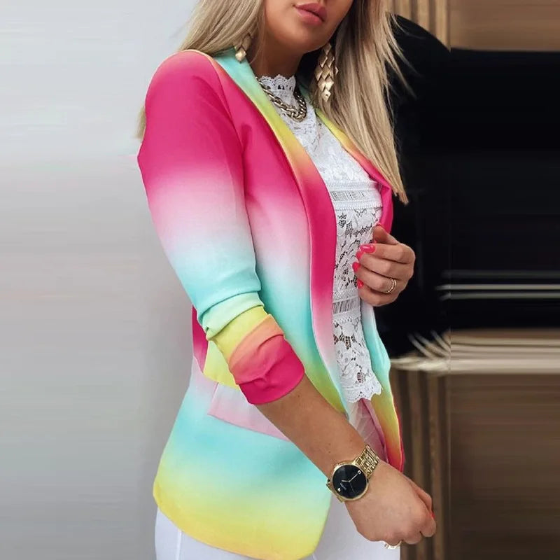 Women Jacket Long-Sleeved Tie-Dye Colorful Oversized Blazers Fall 2021 Workplace Fashion Single Button Casual Suits Office Lady