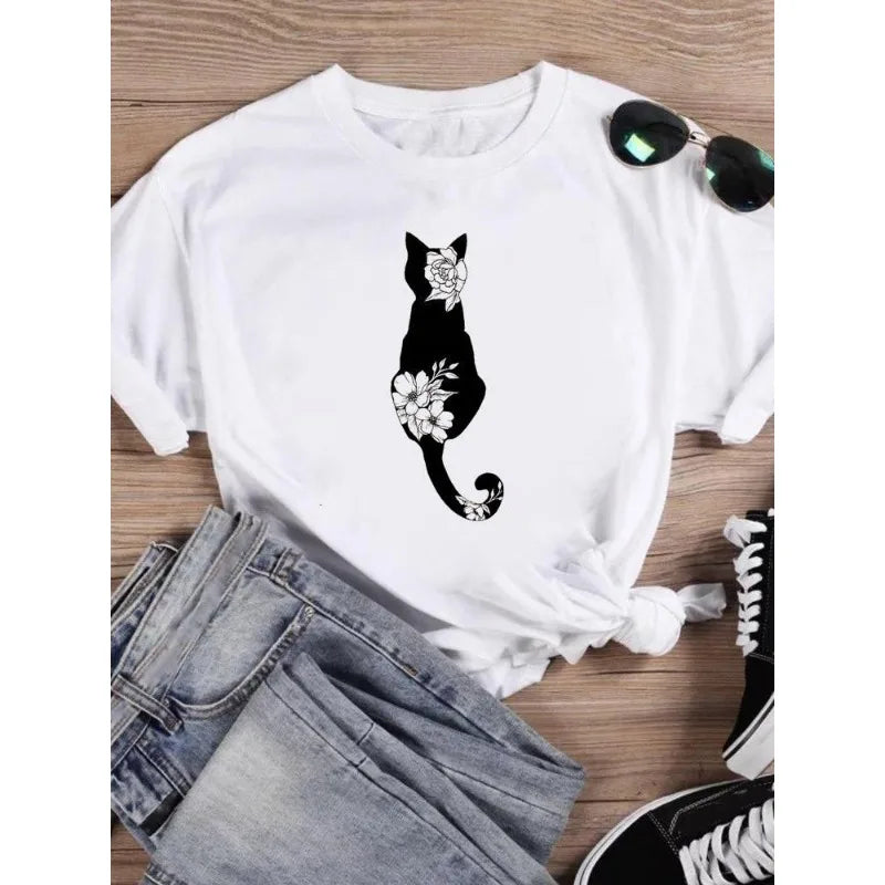 Cat Cute Dress Women Printed European Short-sleeved T-shirt Women Clothing  Graphic T Shirts  Tops  Oversized Tshirt