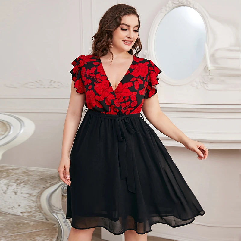 Della Mel Plus Size Fashion Women's Elegant Women Dresses For Women Clothing 2022 Summer Casual Print V Neck A-Line Short Dress