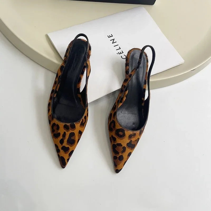 Women's Flat Bottom Slingback Sandals  2024 Leopard Pointed End Woman Mules Summer Fashion Animal Print Low-heel Beach Shoes