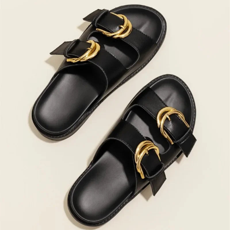 2024 Summer Black Soft Leather PU Metal Buckle Flat Sandals Retro Fashion Design Slide Slippers Women Light Non-Slip Beach Shoes