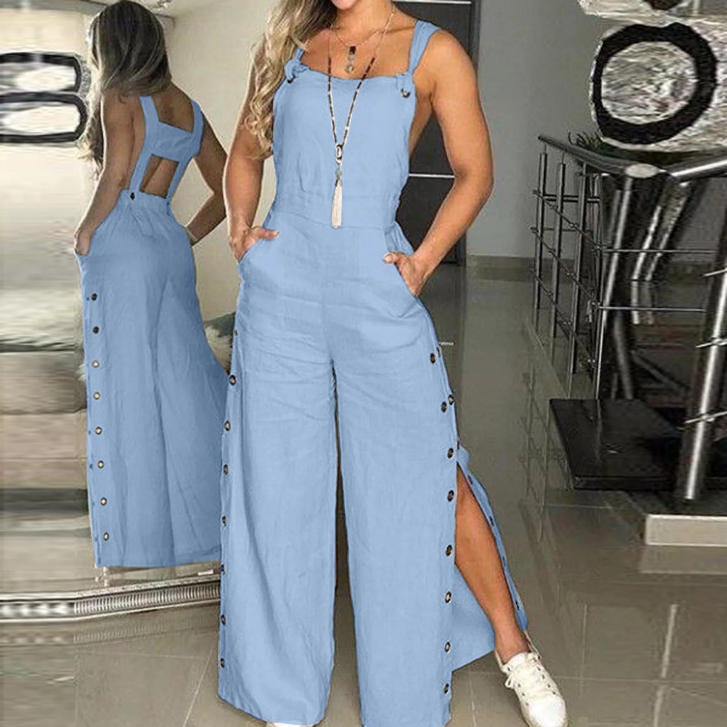 Women's Summer Sleeveless Twisted Knot Cotton Linen Strappy Jumpsuit Side Button Opening Loose Long Pants Women Playsuit Overall