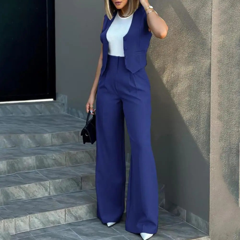 Two-piece Suit Elegant Lady Baggy Pants Set with Sleeveless Vest Solid Color High Waist Women's Wide Leg Pants Casual for A