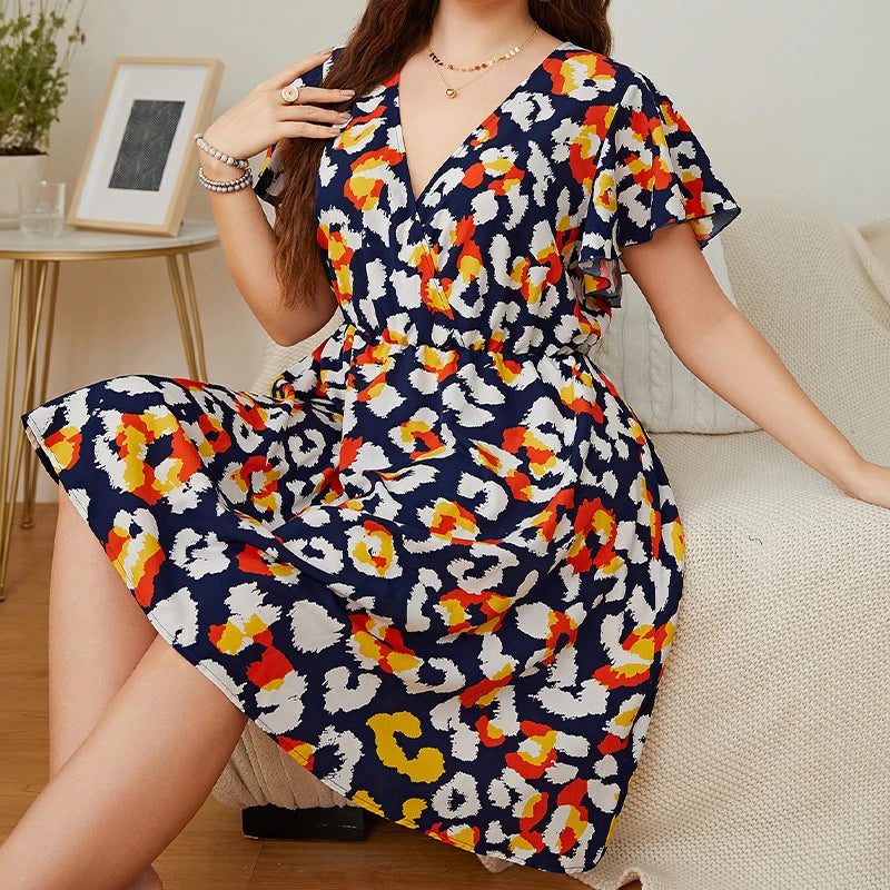 Della Mel Large Sizes Elegant Women's Dresses for Party 2022 Casual Floral Print Summer Short Sleeve Dress Plus Size Clothing