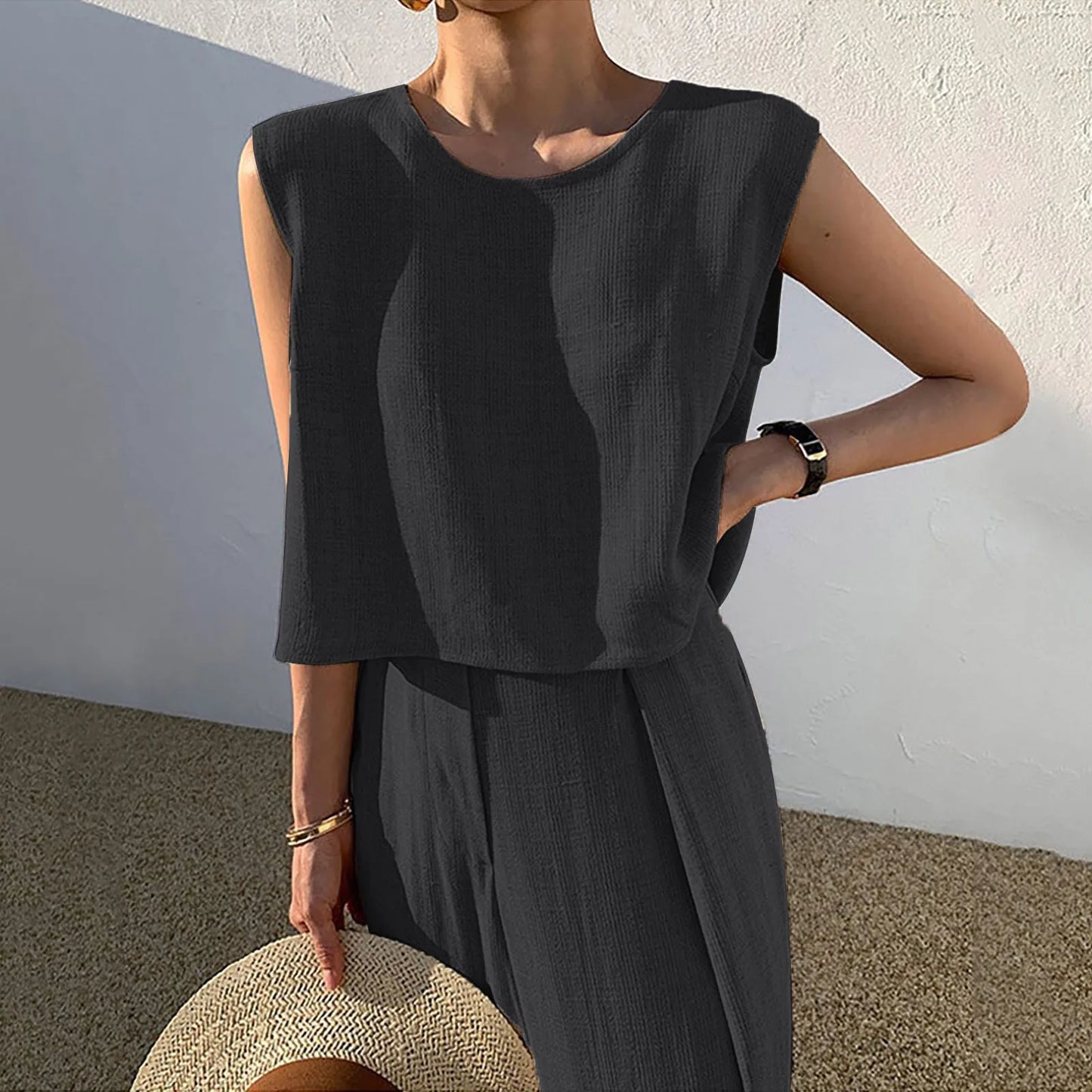 Women Cotton Linen Suits Summer Sleeveless O-Neck Tank Top Wide Leg Pants Two Piece Sets Female Fashion Casual Solid Loose Suits