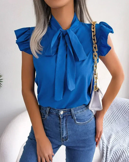 Women's Summer Solid Color Office Shirt Ladies Fashion Simple Bowknot Ruffles Sleeve Blouses Tops Women  Elegant Shirts