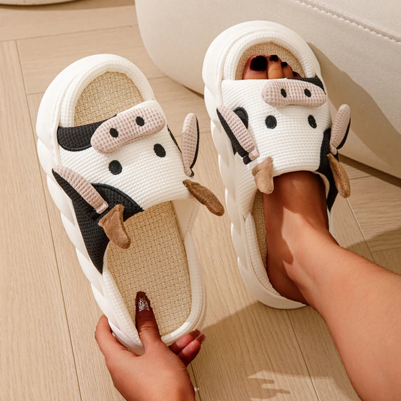 Cartoon Cow Unisex Linen Slippers Couple Spring Summer Slides Mule Men And Women Home Shoes Non-slip Flip Flops For Four Seasons