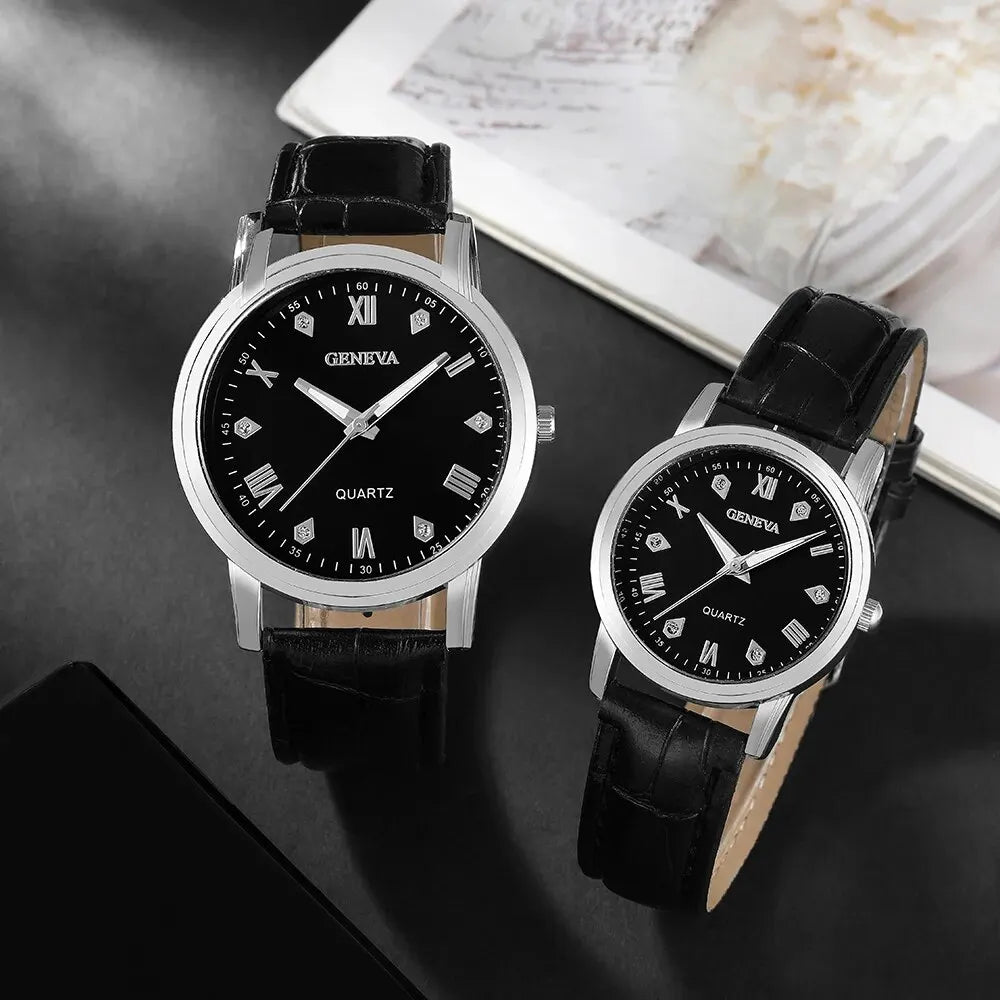 2PCS Sets Men and Women with the Same Couple Watch Black Simple Fashion