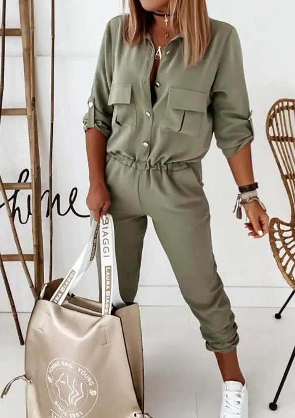 Women's Jumpsuit Sporty Street Casual Turn-Down Collar Daily Pocket Button Design Elastic Waist Jumpsuit for Women Streetwear