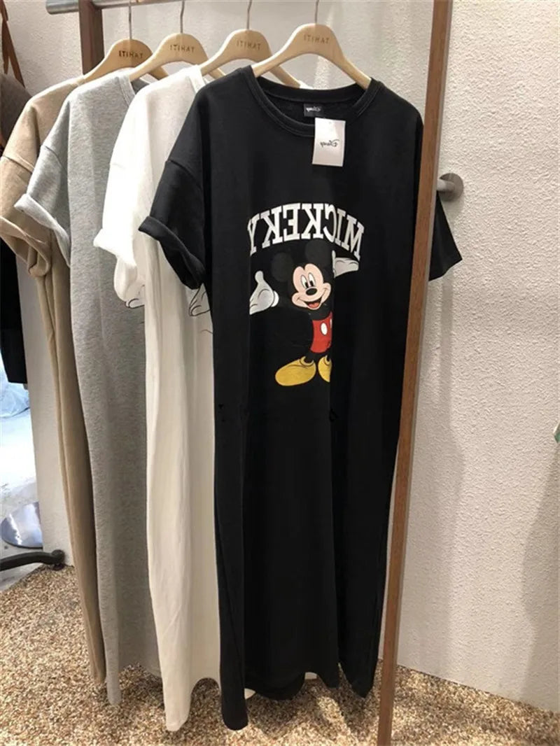 Brand Trend  Summer New Women Dress Mickey Mouse Cartoon Loose Short-sleeved Over-the-knee Long T-shirt Skirt