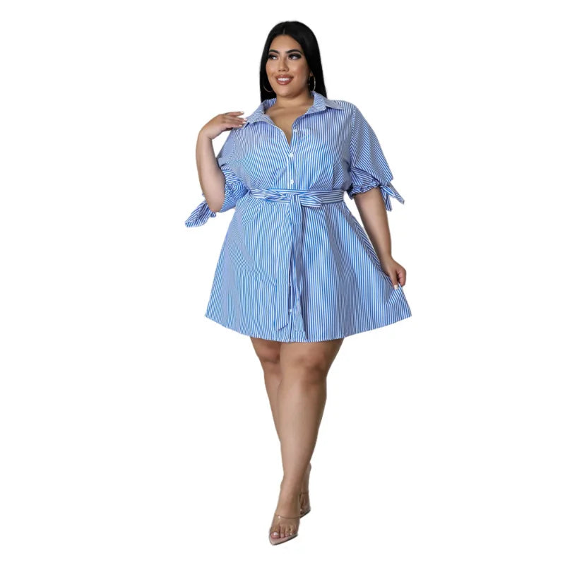 WSFEC XL-5XL Plus Size Dresses for Women 2023 Spring Summer New Fashion Stripe Bandage Loose Casual Midi Shirt Dress Outfits