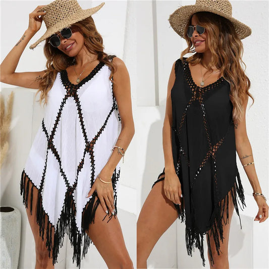 Beach Cover Ups For Women Fringe Tunic 2023 Capes Swim Cover Up White Black Tunics Woman Summer Dress Women's Swimwear Cover-ups