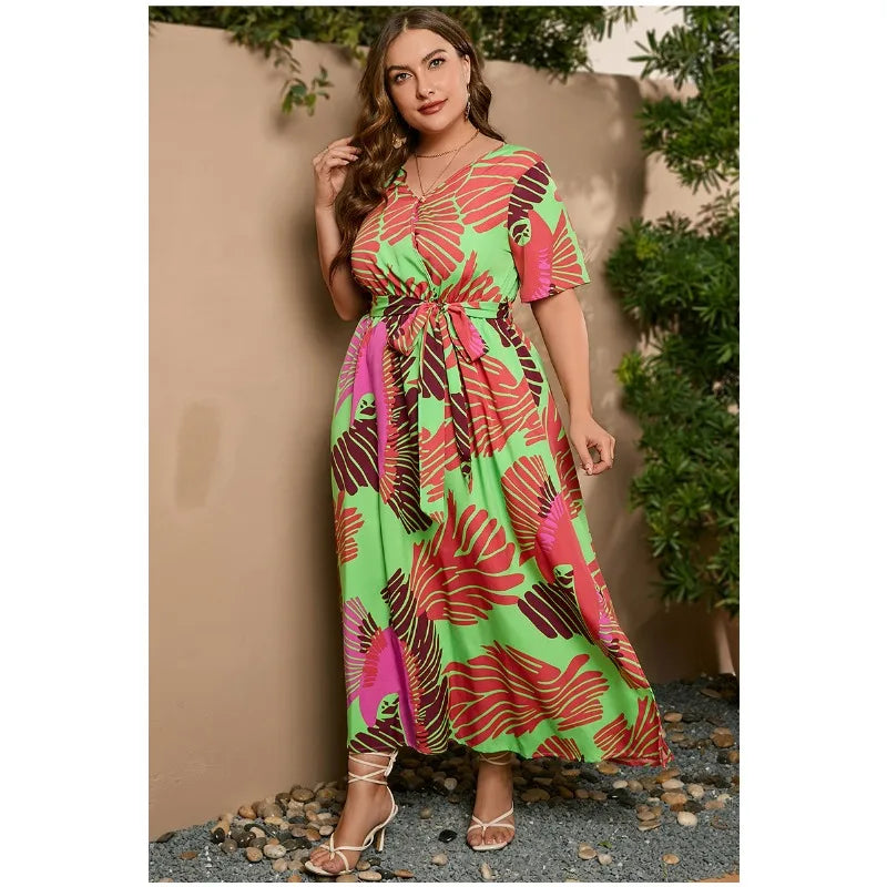 XL-5XL Summer Beach Printing Sexy Dresses Plus Size Women Clothing Short Sleeve V Beck Bandage Casual Loose Elegant Long Dress