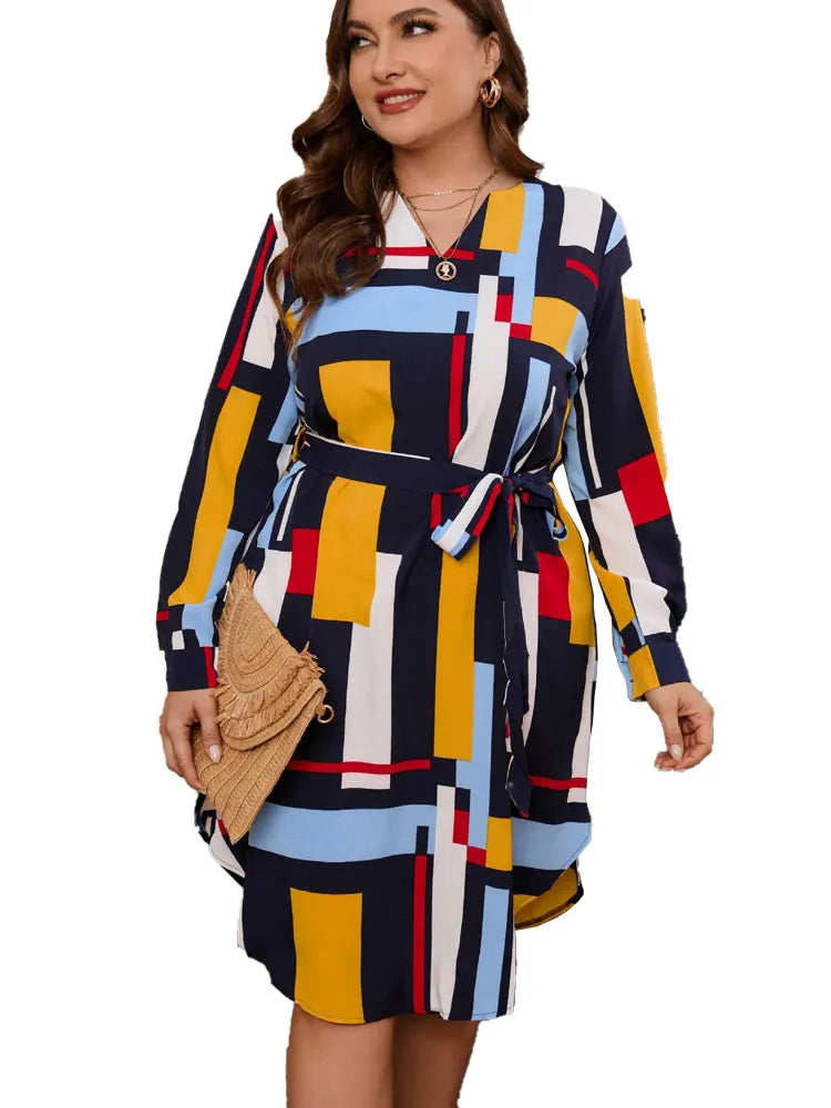 Women's Long Sleeve V-Neck Dress with Belts Ladies Office Dresses Casual Patchwork Polyester Plus Size L-4XL ,New Arrival Summer