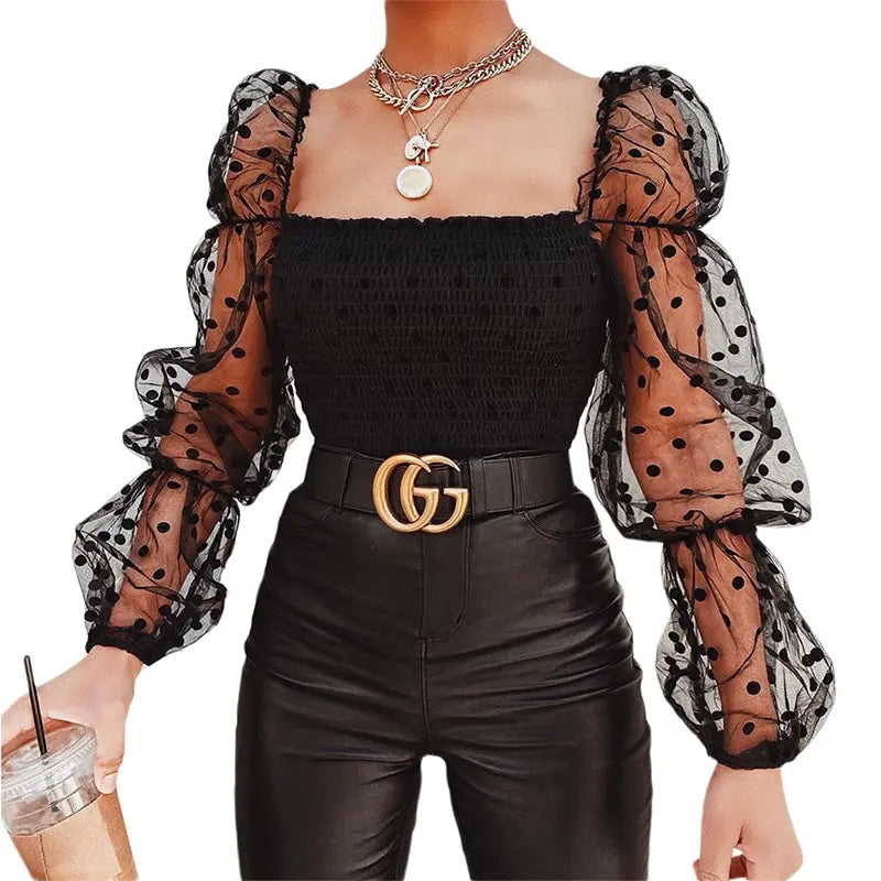 Women's Short Top Wave Dotted Sexy Mesh Puffy Long Sleeve See Through Comfortable and Breathable Blouse