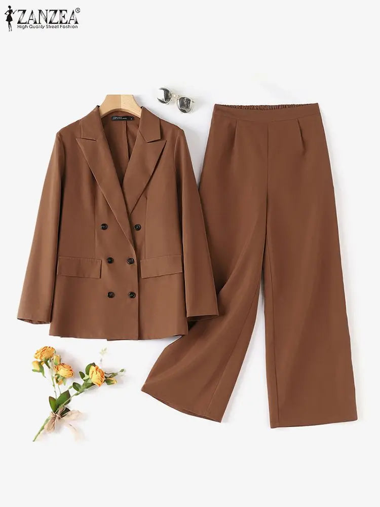 ZANZEA 2pcs Women Blazer and Pants Elegant Solid Work Matching Sets Spring Trousers Suits Tracksuits Office Ladies Outfits