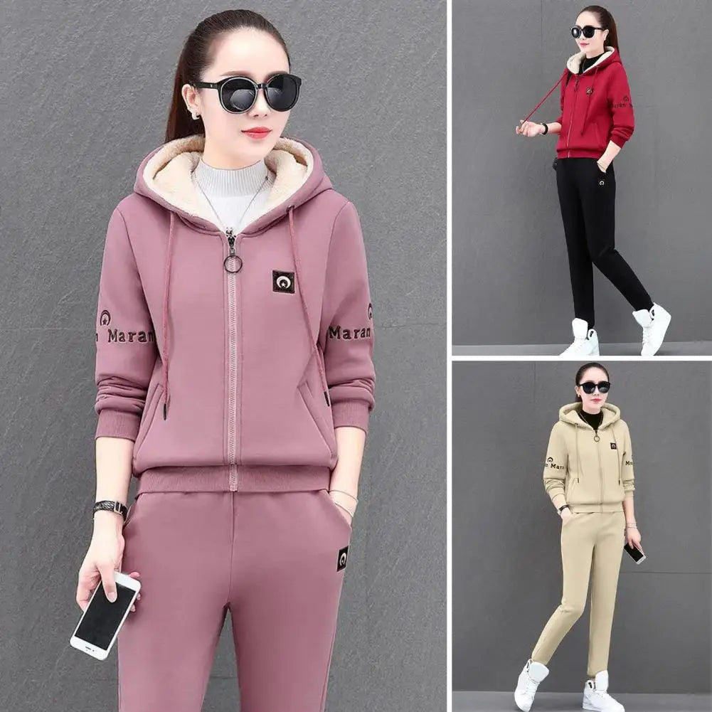 Winter New Plush Thickened 2 Piece Set Coat Top Hoodie Sweatpants Suit Elegant Women's Pants Set Outfits Tracksuit Outfits