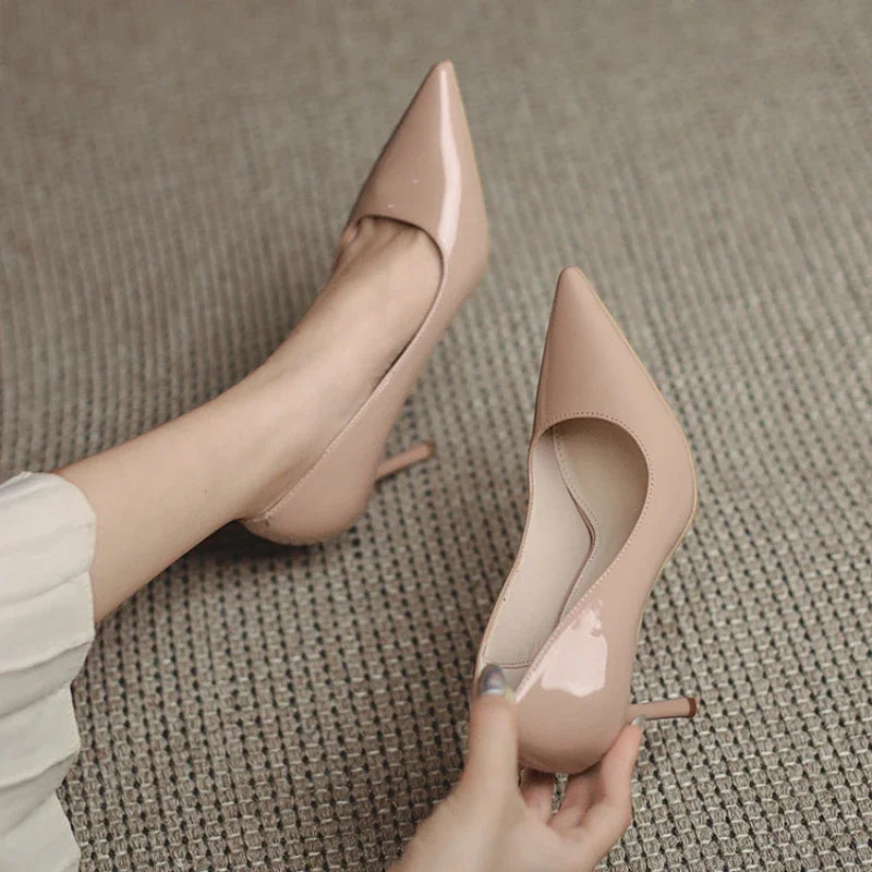 Autumn New Nude Lacquer Leather High Heels with Thin Heels Versatile Pointed Shallow Mouth Single Shoes