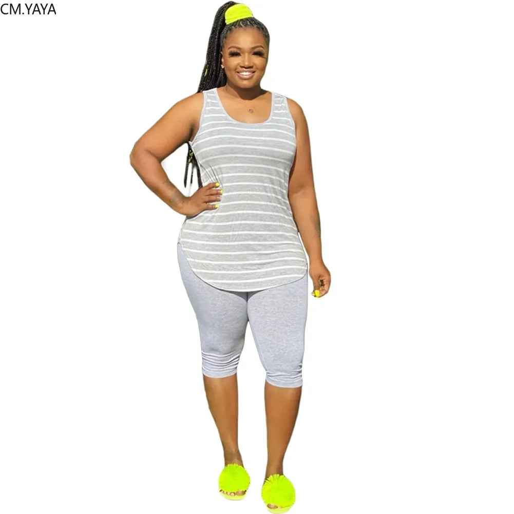 CM.YAYA Women Plus Size XL-5XL Sport two piece set Tracksuit Striped Tank Tops Knee Length jogger Suit Sweatpants Matching Set