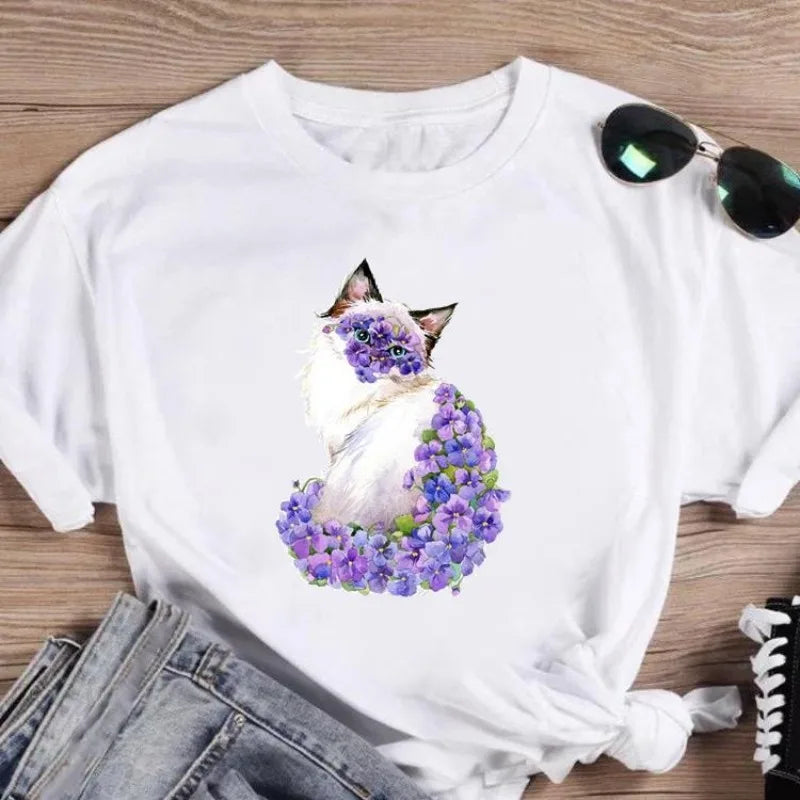 Cat Flower Ladies Printed European Dress Short Sleeve T-shirt Oversized T Shirt  Tops  Aesthetic  Women Clothing