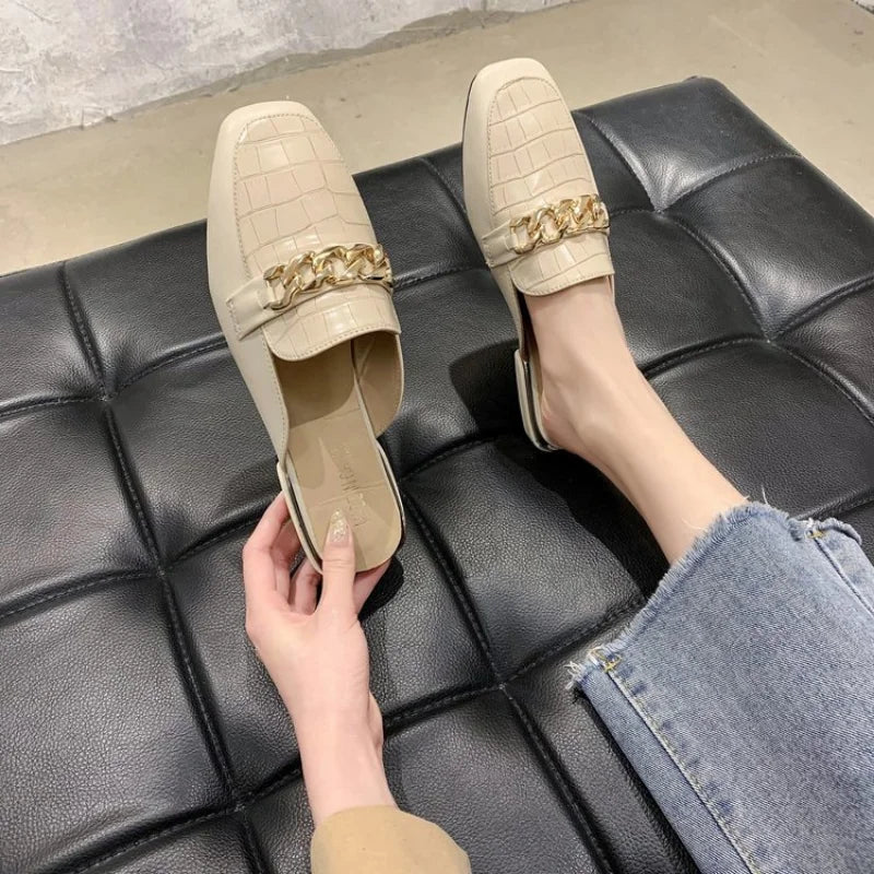 2024 New Chain Mules Women Slides Square Toe Ladies Striped Shoes Summer Fashion Footwear Plus Big Size