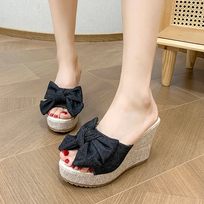 Women Fashion Casual Party Club Shoes Bowknot Design Platform Wedge Slippers Sandals Women Summer Fashion Flip Flops