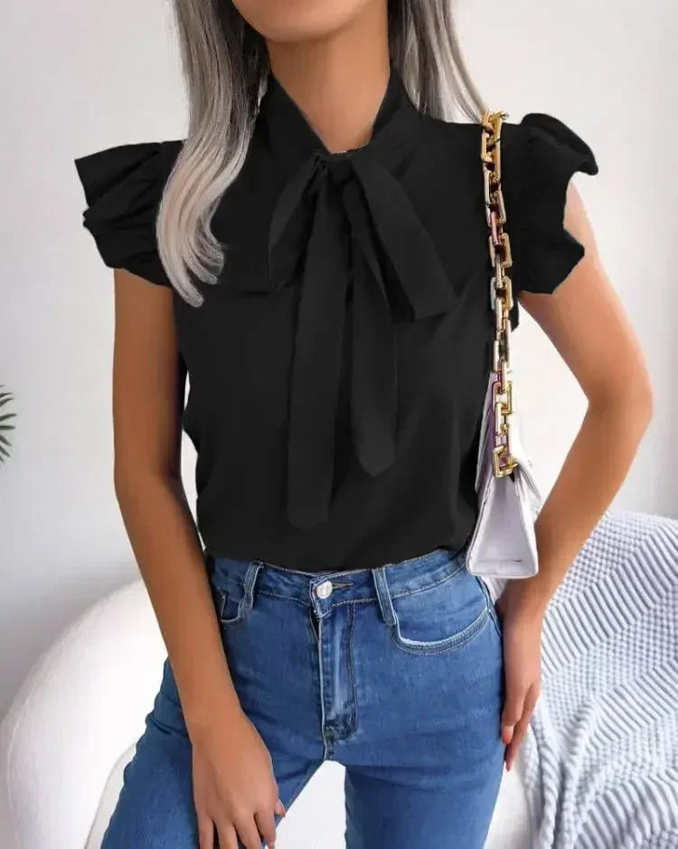 Women's Summer Solid Color Office Shirt Ladies Fashion Simple Bowknot Ruffles Sleeve Blouses Tops Women  Elegant Shirts