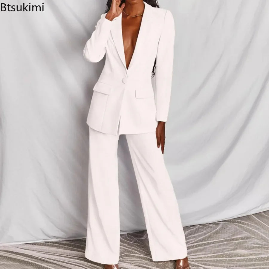 2024 Women's Formal Office 2PCS Sets Solid Blazer Suits and Pants Sets Slim Fit Women's Pants Suits Sets Temperament Tracksuits