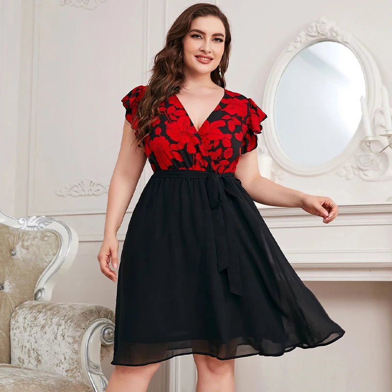 Della Mel Plus Size Fashion Women's Elegant Women Dresses For Women Clothing 2022 Summer Casual Print V Neck A-Line Short Dress