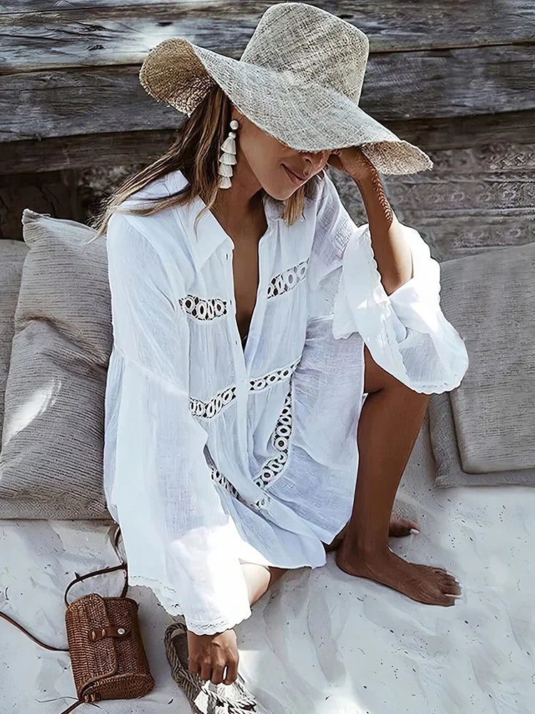 Bikini Cover-ups Summer Swimwear Lace Tunic Shirt Beach Dress Women Swimsuit Beach Cover Up Boho Beachwear Solid White Dresses