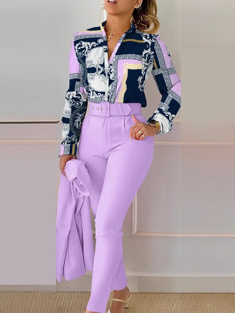 Casual Long Sleeve Shirt Pants Set Office Lady Fashion Elegant V Neck Floral Print Trousers Two Piece Set Women Outfit 2023 New