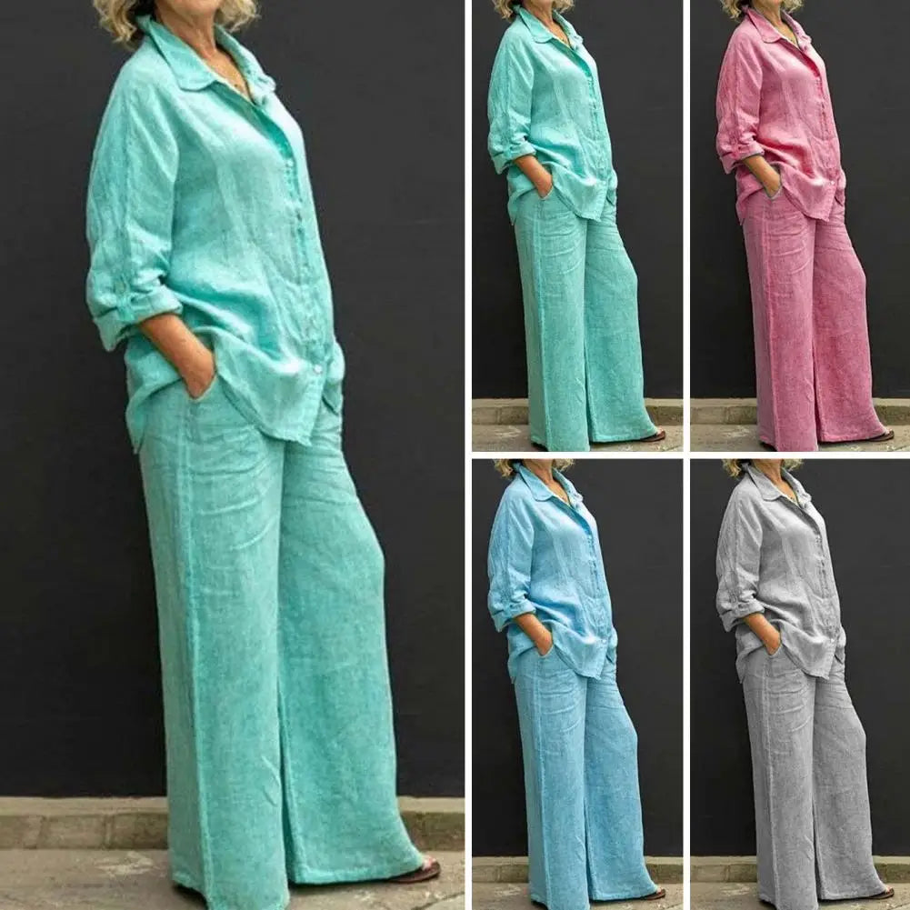 Women Cotton Linen Suits 2023 Elegant Solid Long Sleeve Shirt Wide Leg Trousers Two Piece Set Female Casual Straight Pants Suits