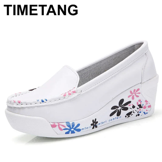 TIMETANG Hot Sale New Women's Genuine Leather Platform Shoes Wedges White Lady casual Shoes Swing mother shoes size 35-40 C220