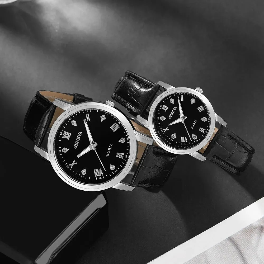 2PCS Sets Men and Women with the Same Couple Watch Black Simple Fashion