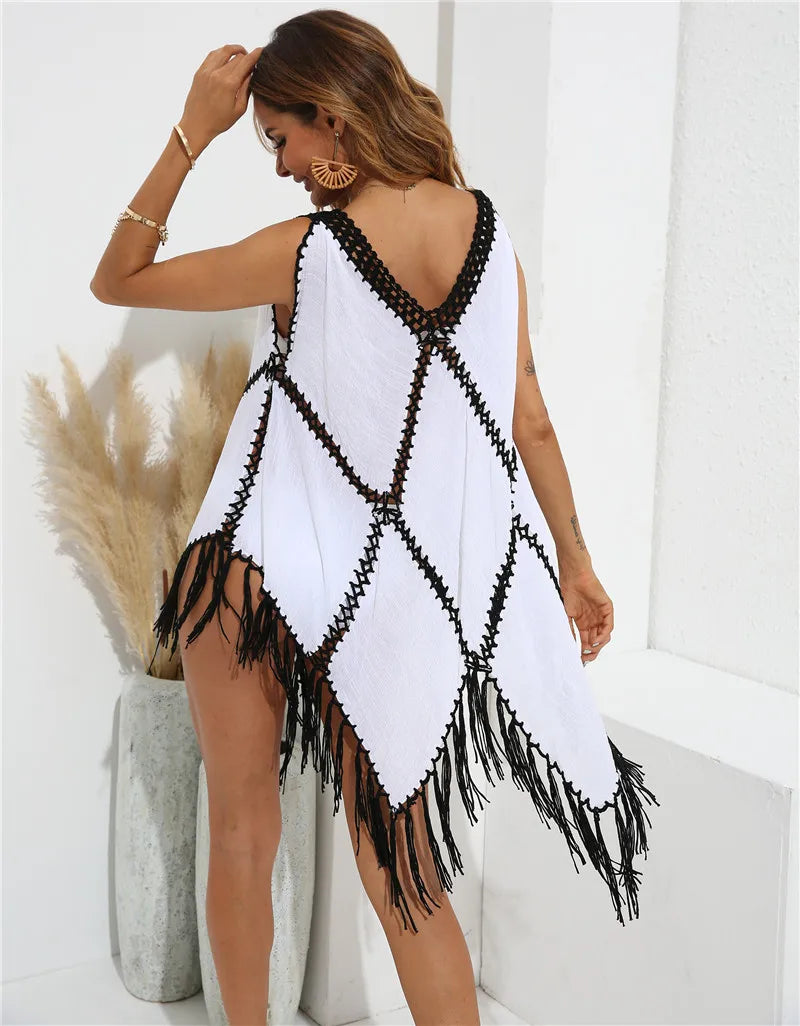 Beach Cover Ups For Women Fringe Tunic 2023 Capes Swim Cover Up White Black Tunics Woman Summer Dress Women's Swimwear Cover-ups