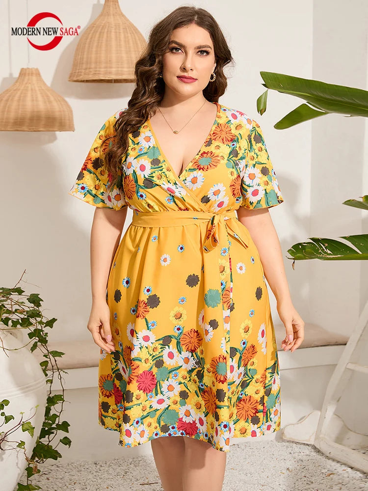 2023 New Women Dress Short Sleeve Summer Woman Beach Dresses Floral Yellow Plus Size Dress V-neck Party Birthday Dress For Women