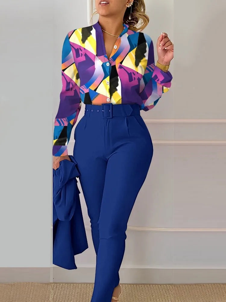 Casual Long Sleeve Shirt Pants Set Office Lady Fashion Elegant V Neck Floral Print Trousers Two Piece Set Women Outfit 2023 New